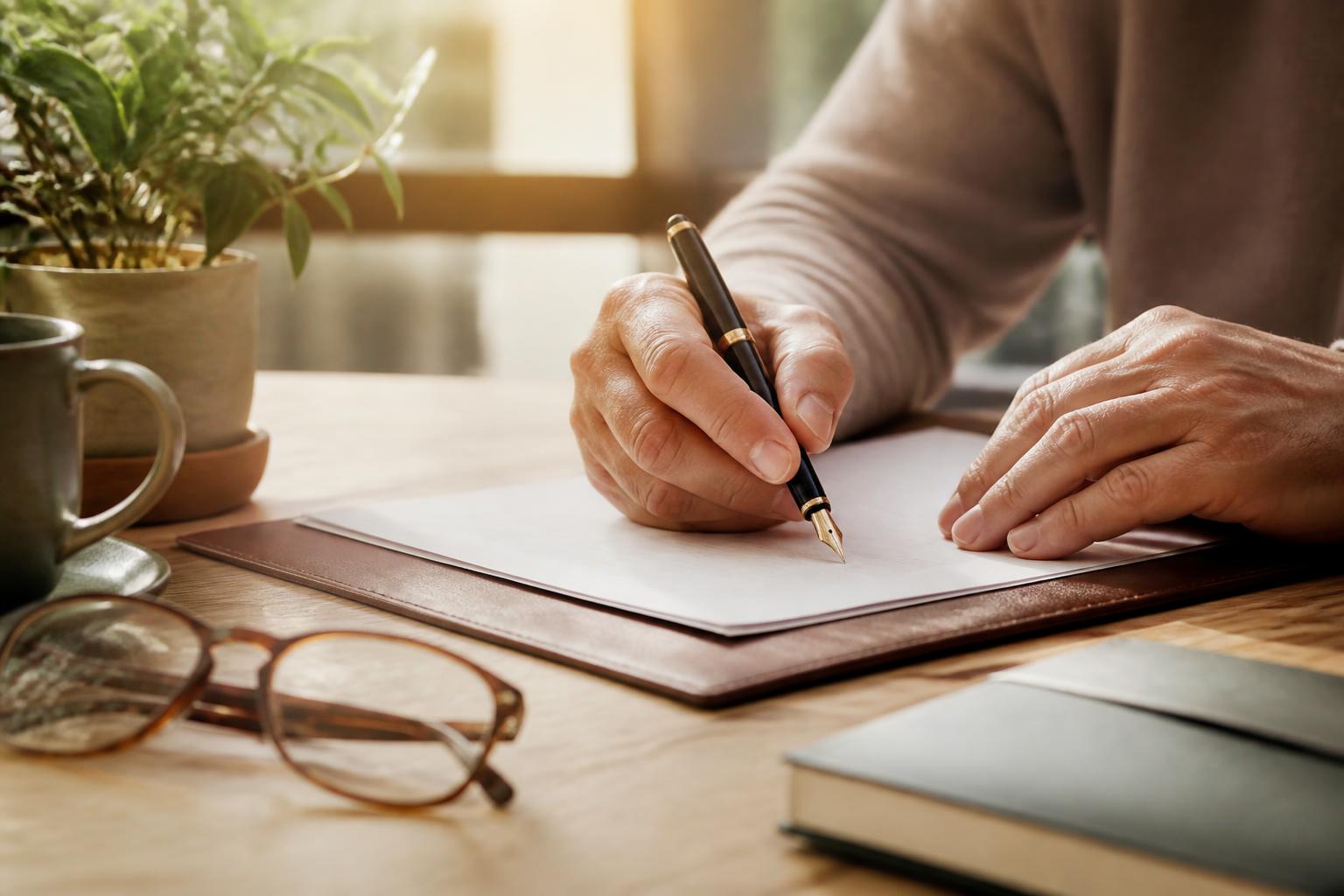 Hands writing a will with a fountain pen