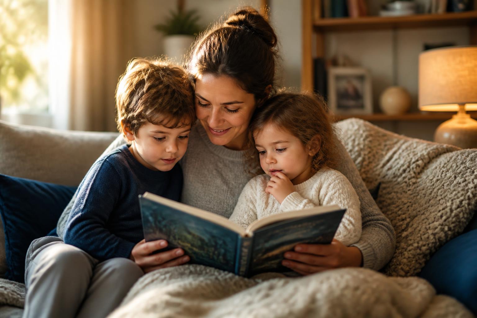 Parent reading with children at home