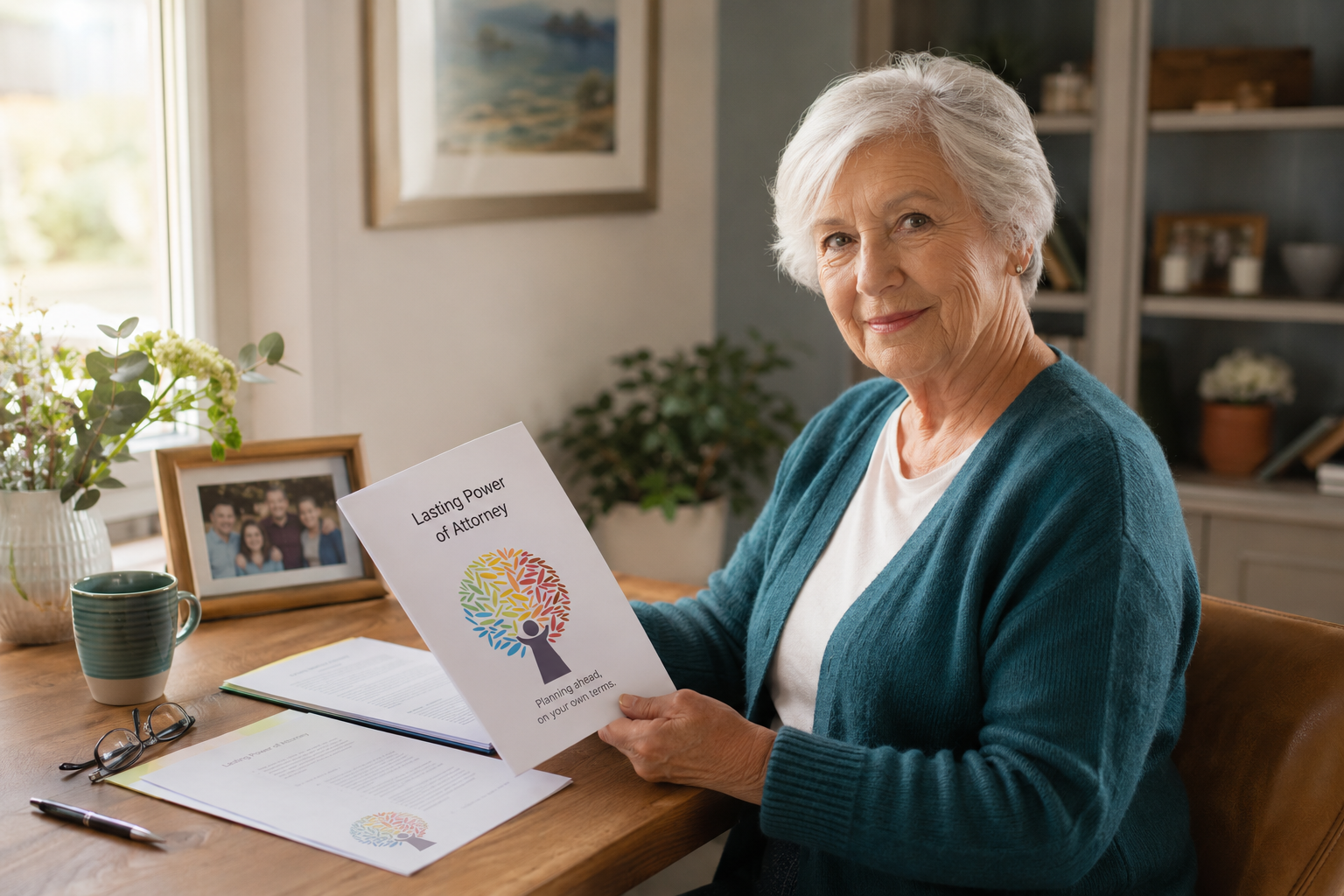 An older woman at her kitchen table reading a Lasting Power of Attorney booklet — a calm moment of planning ahead.