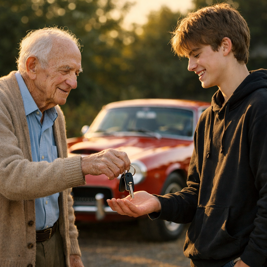 An older man passing car keys to his grandson — a quiet moment about passing things on to the next generation.